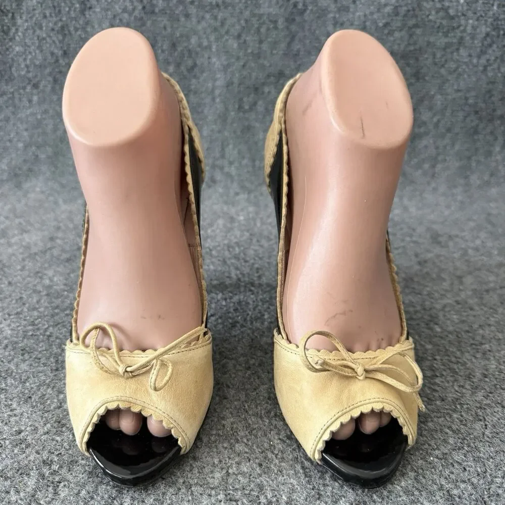 Red Valentino Peep Toe Pumps Patent Leather Black Beige Scalloped Bow Heels 37